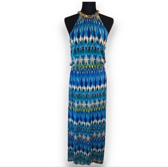 NEW Dress Barn Blue Patterned Maxi Dress w/Gold Chain Accent Collar Size: 6 - Picture 2 of 9